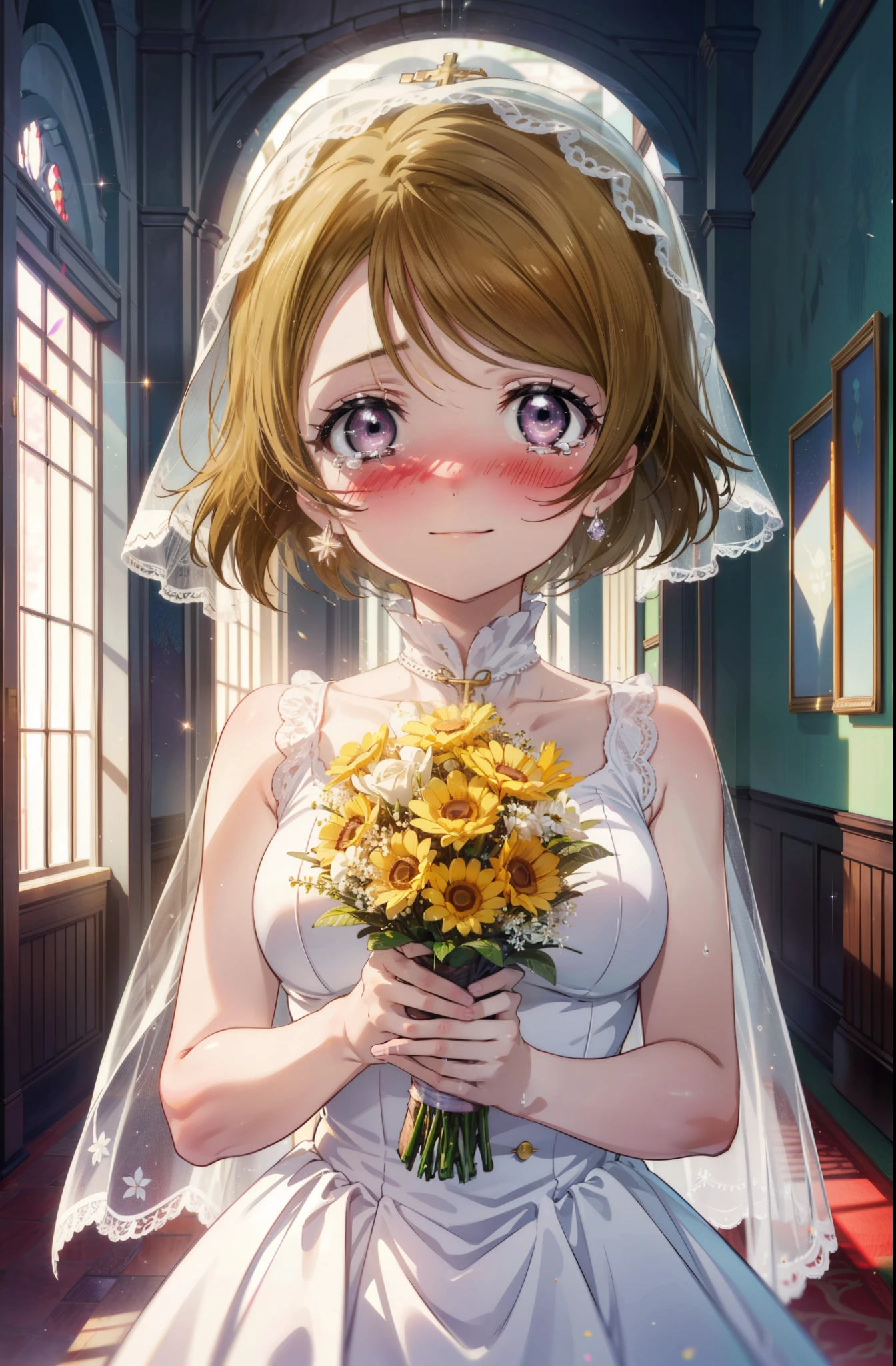 hanayo koizumi, hanayo Koizumi, short hair, Brown Hair, Purple eyes,Big Breasts,happy smile, smile, Close your mouth,Wedding dress,Veil,bouquet,Flower storm,Tears stream down her face,Tears of joy,I cry a lot, break looking at viewer, Upper Body,(Cowboy Shot:1. 5) break indoors, Chapel,church, break (masterpiece:1.2), Highest quality, High resolution, unity 8k wallpaper, (shape:0.8), (Beautiful attention to detail:1.6), Highly detailed face, Perfect lighting, Highly detailed CG, (Perfect hands, Perfect Anatomy),