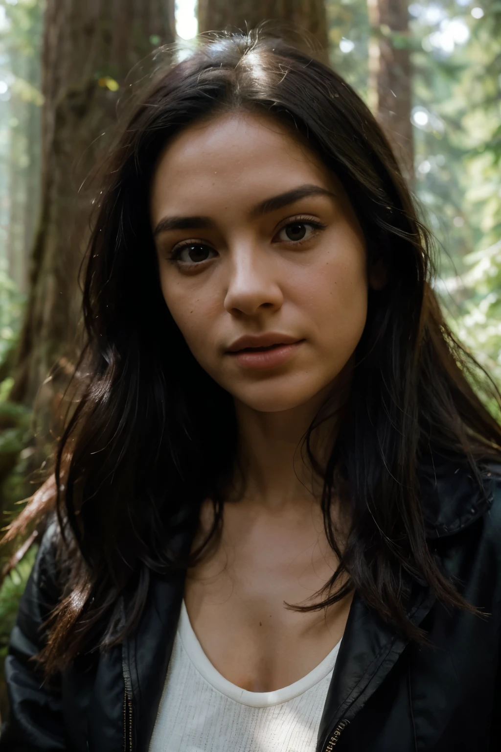 Photo of a woman, (sympathetic facial expression), ultra textured skin, black hair, half up, half down, fur lined jacket with skinny jeans and beans, group profile, face looking straight at camera, full face, towering ancient redwood trees pose sense of wonder and awe perfect eyes, ((hard light:1.4)), color Velvia 100, shot on Cinestill 800T, bokeh, sharp focus on the subject, shot by Manuela Marques