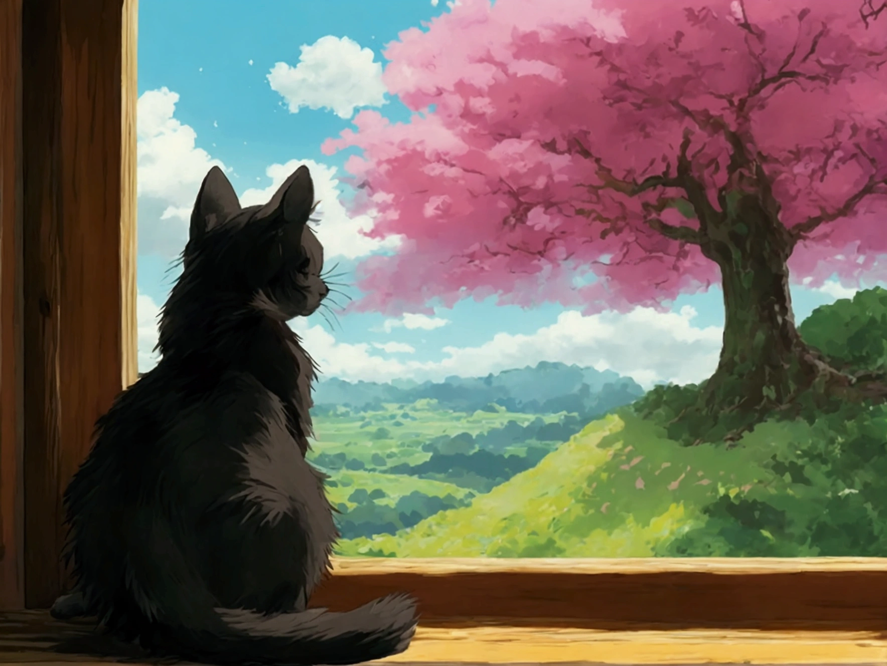 Studio Ghibli Style - Studio ghibli style, big cute black cat is looking out of big wood paned window at a big pink dog wood tree, rolling green hills in background, aesthetic furniture in foreground