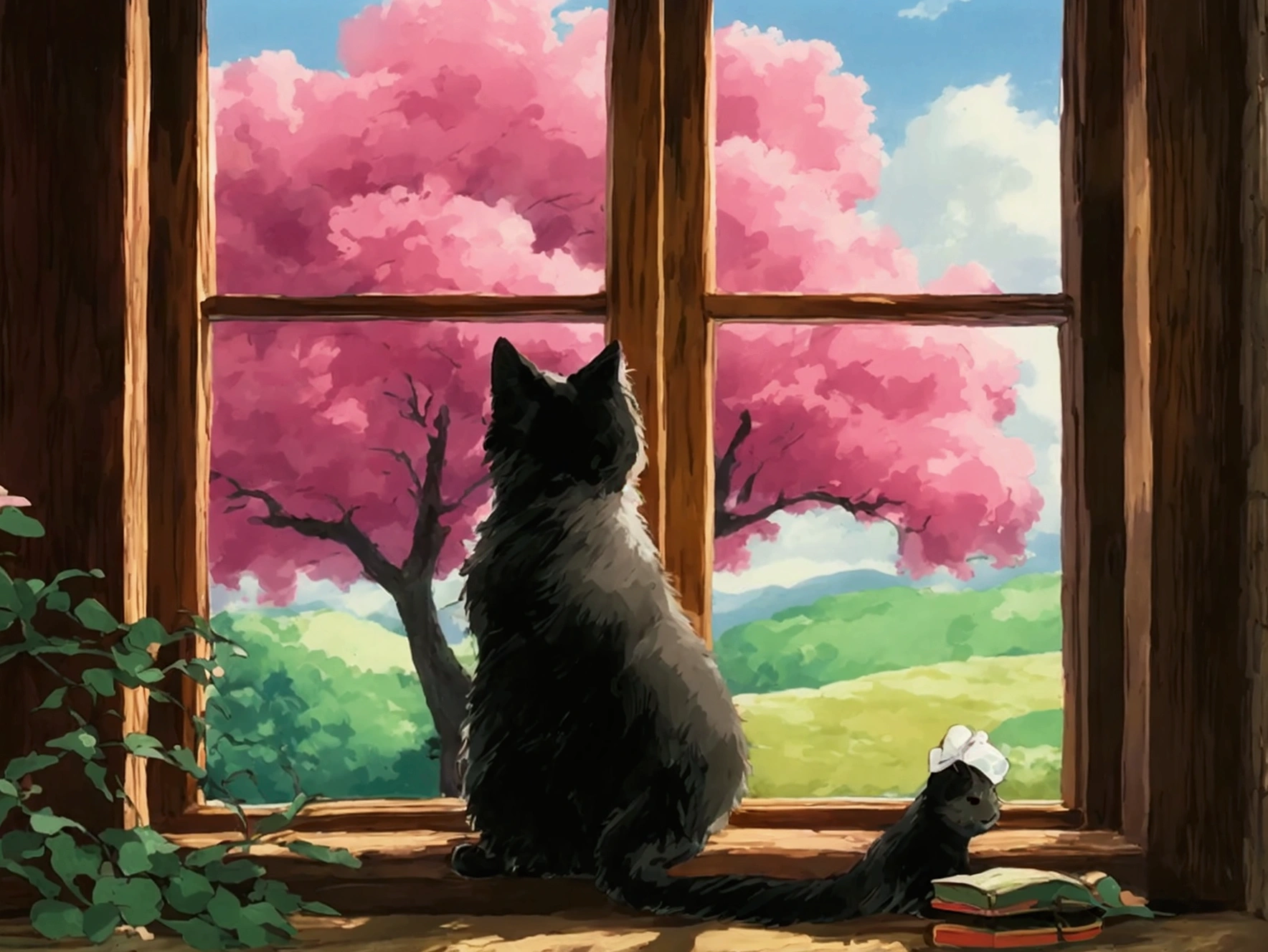 Studio Ghibli Style - Studio ghibli style, big cute black cat is looking out of big wood paned window at a big pink dog wood tree, rolling green hills in background, aesthetic furniture in foreground