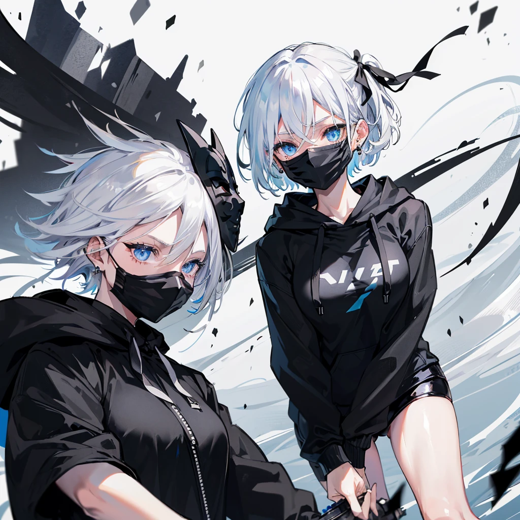 (((((Black Mask　gun)))))　((((Black hoodie　woman))))　(((blue eyes　White Hair　Short Hair)))　((Shiny earrings black ribbon　Catch the wind))　White background　Shining Edge　Shining Background