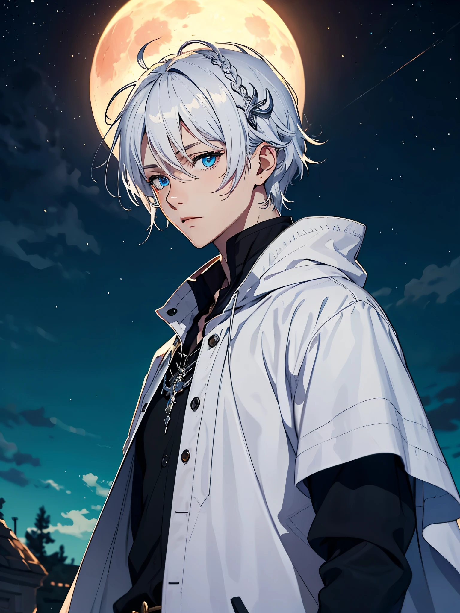 Sehr Lange haare. Mehr anime. aquatic, boy, God of the Moon, silver hair accessories, White hair, White dress, cape, at night, saturated colors, light eyes, bright, light blue light, blue eyes, Jewelry silver.