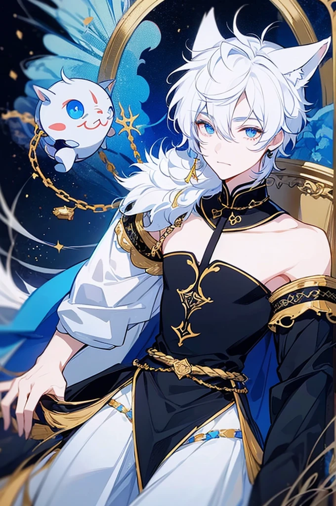 A young man in his 20s,White hair,Blue Earring Dye,Blue and eyes,Wolf ears,Royal,Gorgeous clothing,Black military uniform,Gem Eyes,Delicate and beautiful eyes,night,aurora,cross,Chain
