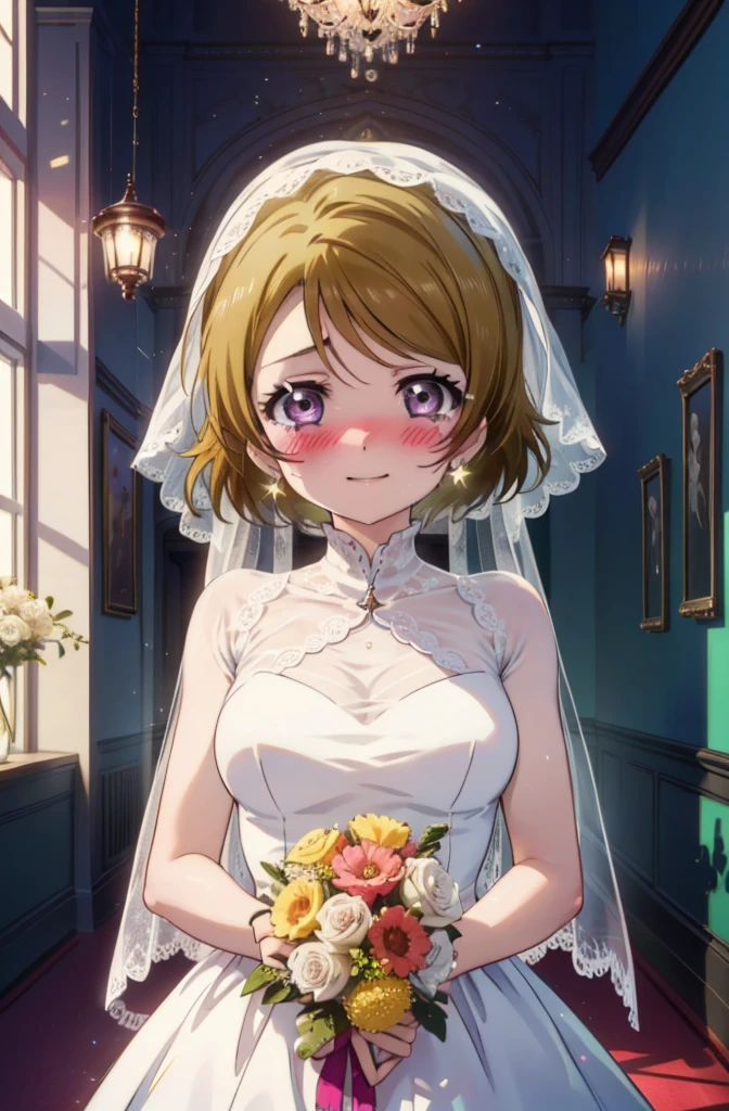 hanayo koizumi, hanayo Koizumi, short hair, Brown Hair, Purple eyes,Big Breasts,happy smile, smile, Close your mouth,Wedding dress,Veil,bouquet,Flower storm,Tears stream down her face,Tears of joy,I cry a lot, break looking at viewer, Upper Body,(Cowboy Shot:1. 5) break indoors, Chapel,church, break (masterpiece:1.2), Highest quality, High resolution, unity 8k wallpaper, (shape:0.8), (Beautiful attention to detail:1.6), Highly detailed face, Perfect lighting, Highly detailed CG, (Perfect hands, Perfect Anatomy),
