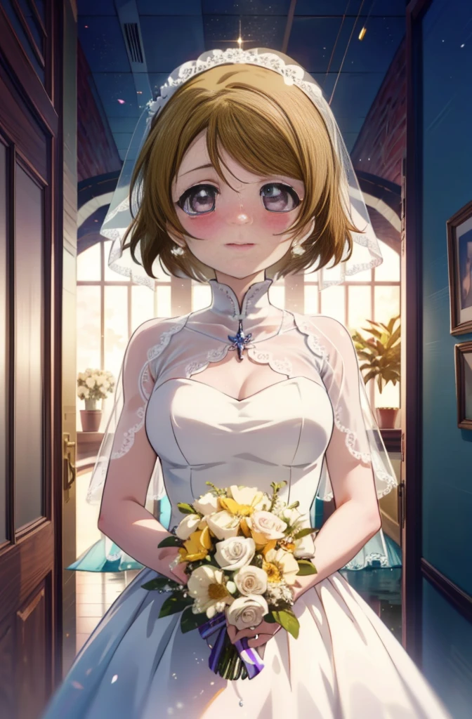 hanayo koizumi, hanayo　Koizumi, short hair, Brown Hair, Purple eyes,Big Breasts,happy smile, smile, Close your mouth,Wedding dress,Veil,bouquet,Flower storm,Tears stream down her face,Tears of joy,I cry a lot,　　　　　　　　　　　　　　　　　　　　break looking at viewer, Upper Body,(Cowboy Shot:1. 5) 　　　　　　　　　　　　　　　　　　　break indoors, Chapel,church, 　　　　　　　　　　　break (masterpiece:1.2), Highest quality, High resolution, unity 8k wallpaper, (shape:0.8), (Beautiful attention to detail:1.6), Highly detailed face, Perfect lighting, Highly detailed CG, (Perfect hands, Perfect Anatomy),