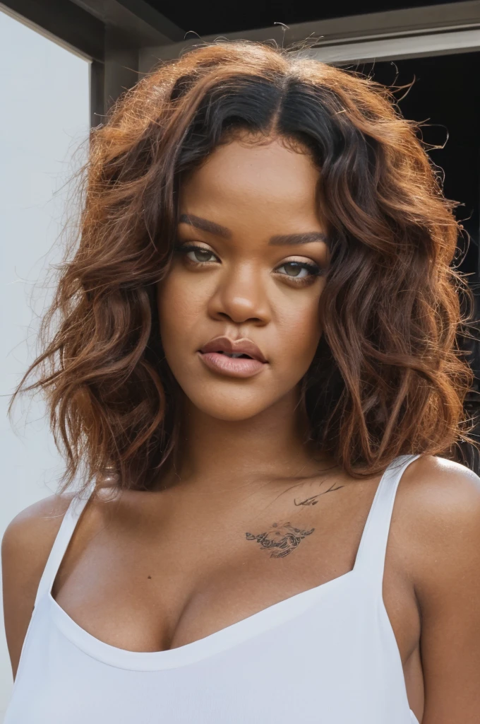 An image of the singer Rihanna posing for a photo that she is full body showing with her ripped white outfit with torn panties holding the gold and white microphone on the sides that the image is the same as the effects of Hollywood films in the image that has the same effects of the films in theaters that she is in her billion dollar mansion which is also white in the background with her beautiful and big hair and Lisa that the image is 100% real to the original a perfect replica of Rihanna's image full of details from the toenails inside from head to toe Rihanna's image is a perfect replica without taking without putting it completely perfect to the extreme in high definition in HD in 8k