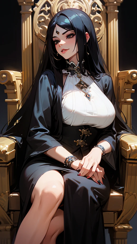 A beautiful  milf w with long black hair and black eyes wearing a gothic outfit and sitting on a throne with a seductive simrk on her lips