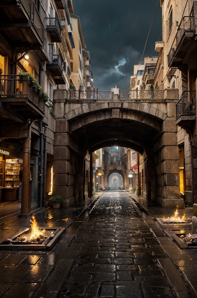 ((masterpiece)),((best quality)),((high detial)),((realistic,)) Industrial age city, deep canyons in the middle, architectural streets, bazaars, Bridges, rainy days, steampunk, Roman architecture, Cyberspace Empire, HD flames