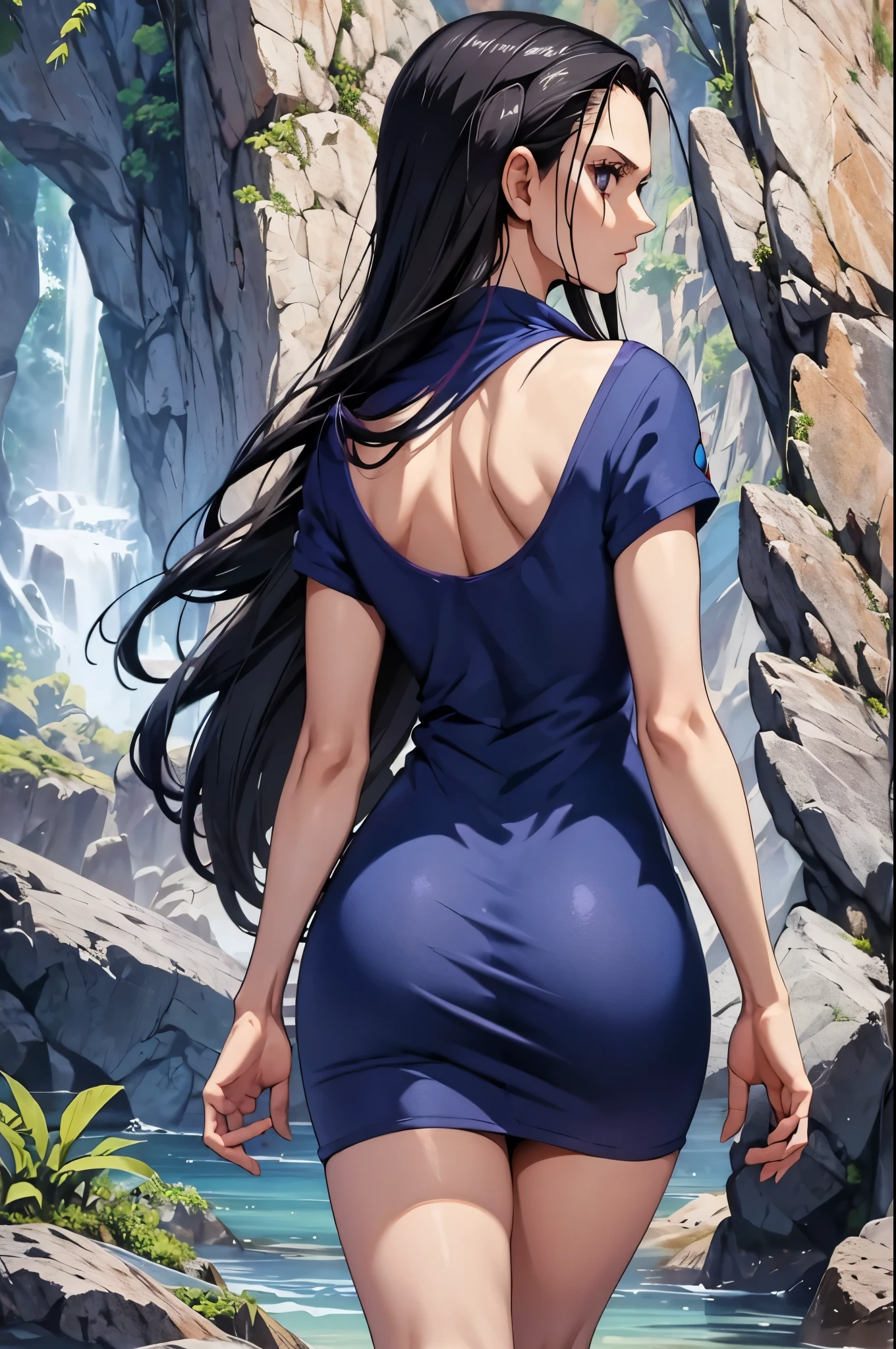 girl, nico robin, one piece, short navy blue dress without prints, big , big , from behind, f/16, 85mm, masterpiece, super detail, high details, high quality, best quality, highres, 4K