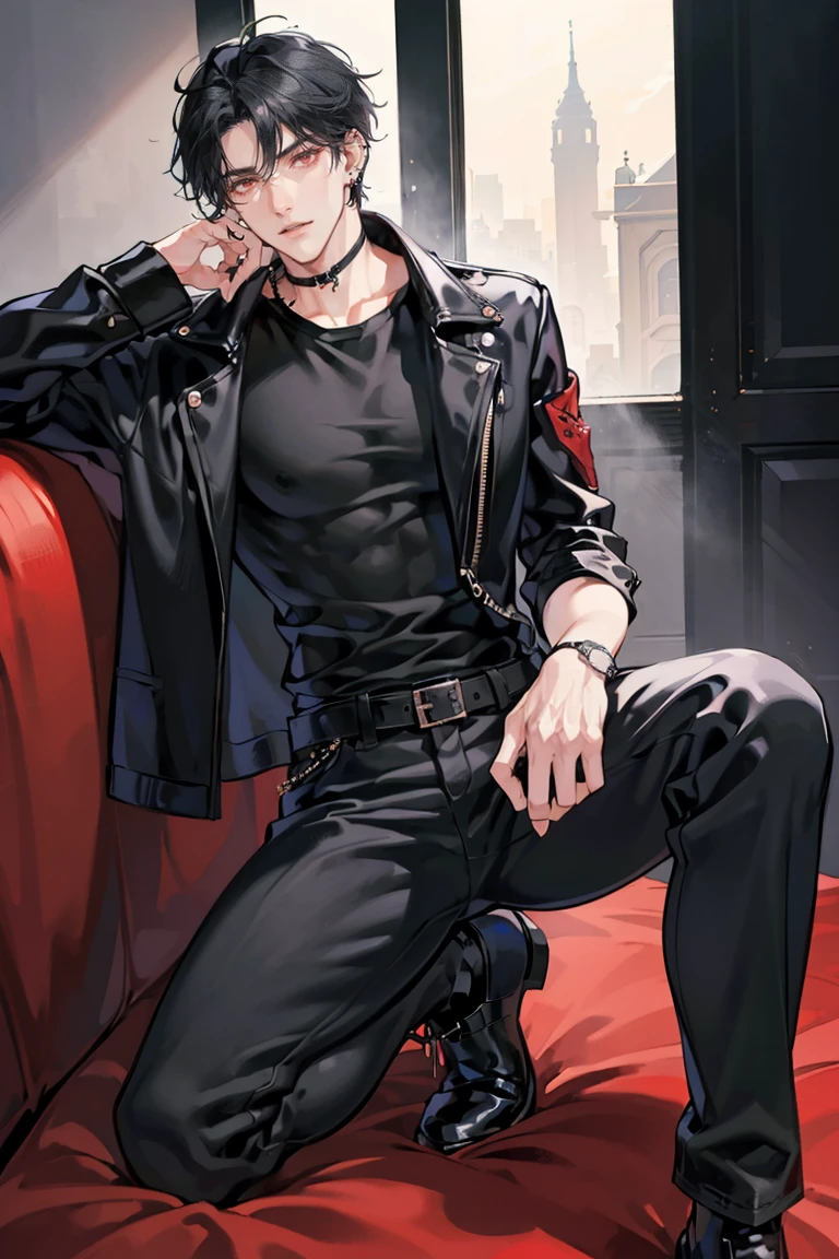 (masterpiece), best quality, seductive eyes, perfect face, handsome man, red eyes, short messy black hair, long nose, plain black t-shirt, black fitted pants, black leather jacket, full body, extremely tall man, long legs, long calves, anime cover, 1boy, ear piercings, hands in pockets, adult-like look