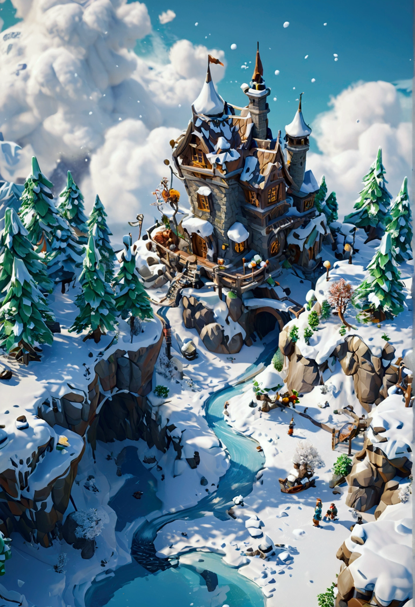 Snow Island,Snow covered island, Isometric 3D Neverland, 等距Game assets, 3 d stylize scene, Island Background, 3D rendering style,Game assets, High quality low polygon art,Stylized 3D, Stylized 3d rendering, isometric 8k