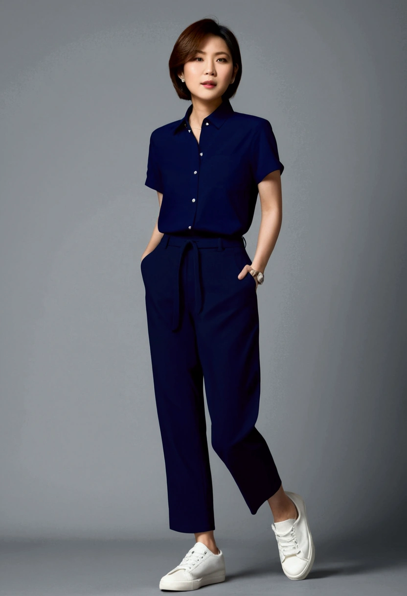 asian woman, short hair, Short sleeve navy blue shirt, Navy blue, long, straight-leg pants., white sneakers, full body image, Buttons in the same color as the shirt