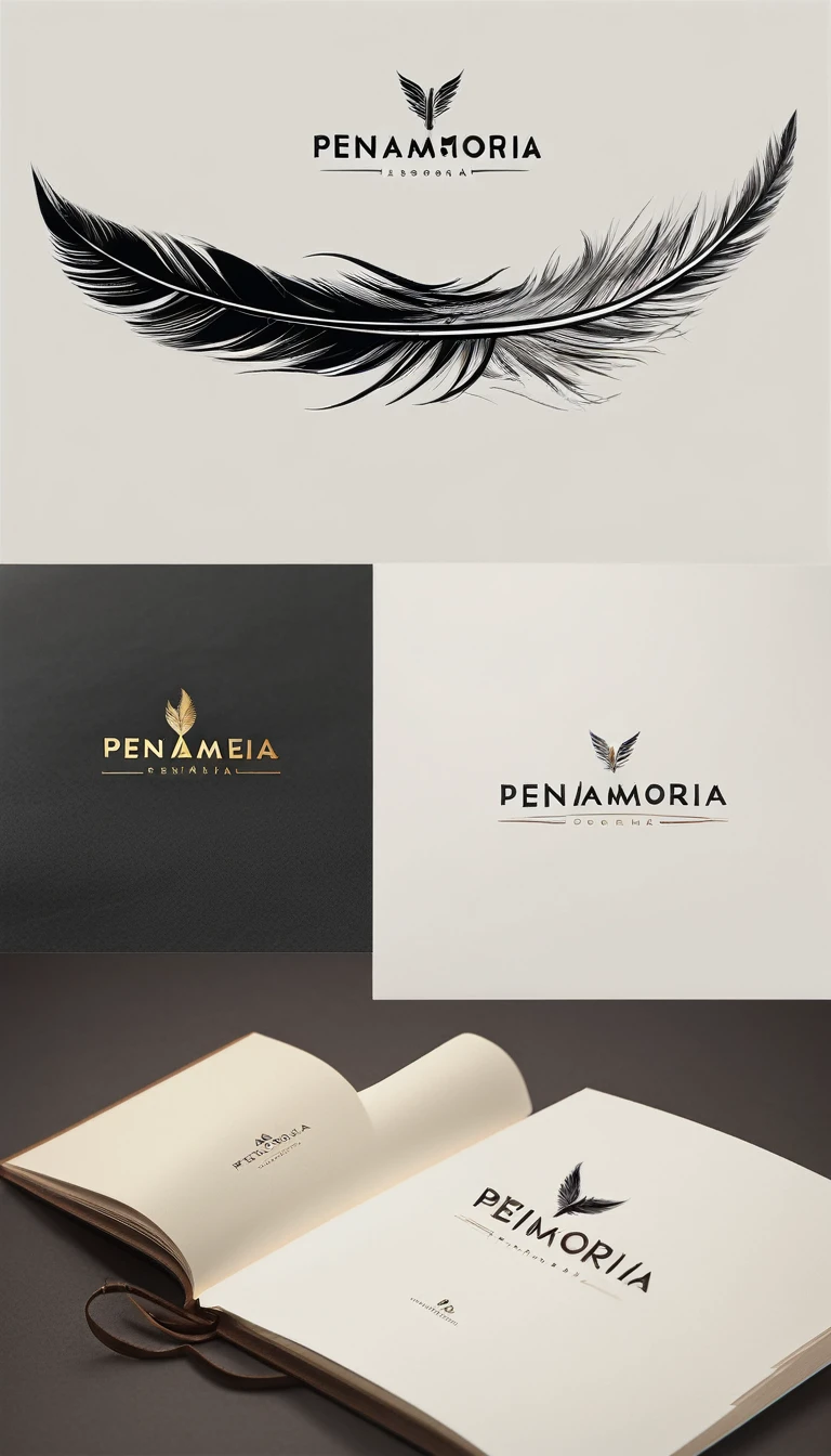A minimal, modern, simple, cinematic logotype for the brand “Penamemoria". The logotype must be a simple, magical feather. The logo must convey a sense of music, stories and dreams. Logo design impressed on a book cover. Minimalistic logo