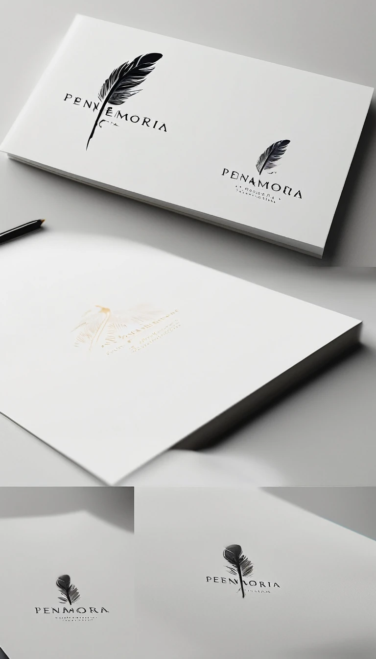 A minimal, modern, simple, cinematic logotype for the brand “Penamemoria". The logotype must be a simple, magical feather. The logo must convey a sense of music, stories and dreams. Logo design impressed on a book cover. Minimalistic logo