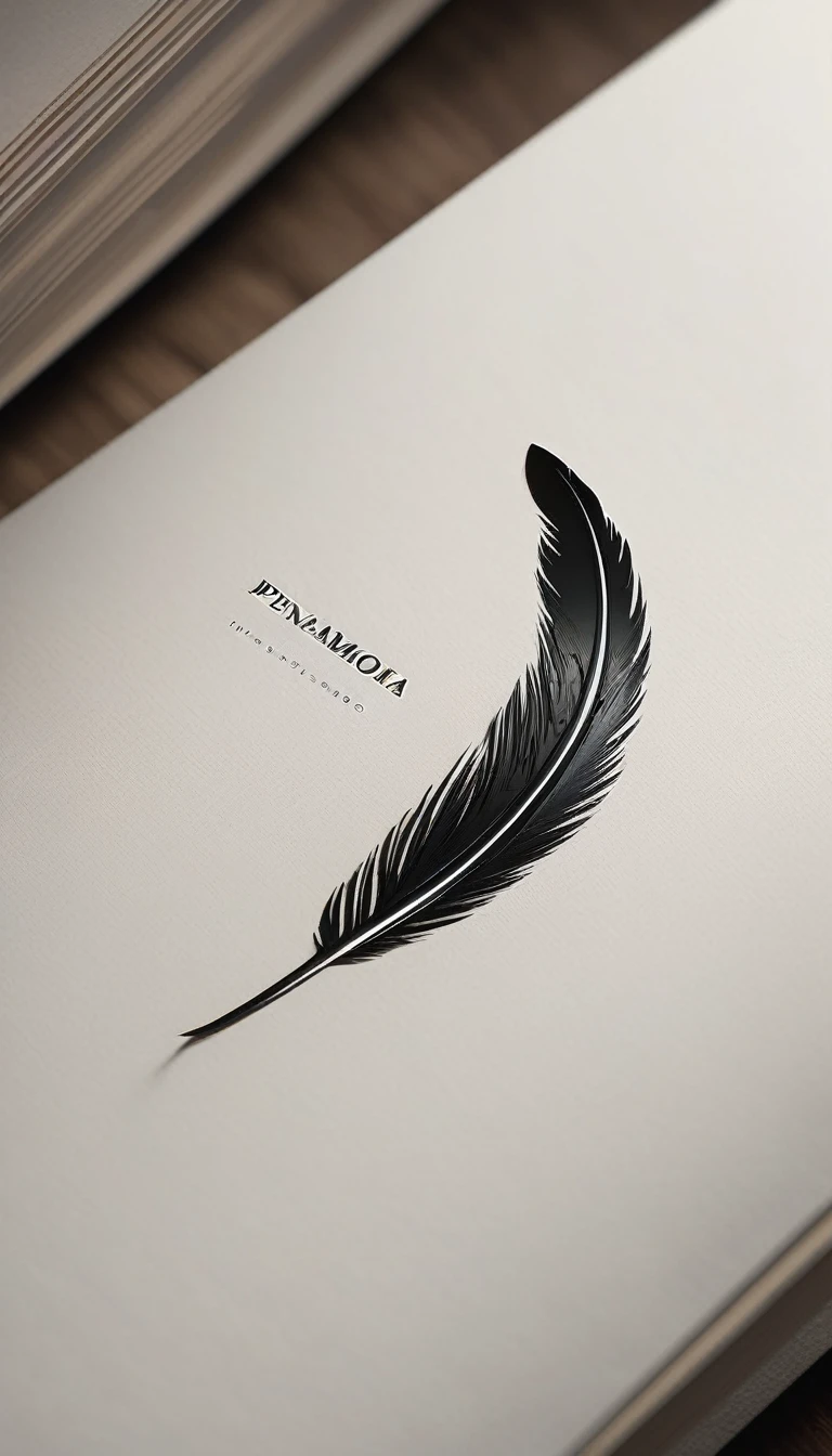 A minimal, modern, simple, cinematic logotype for the brand “Penamemoria". The logotype must be a simple, magical feather. The logo must convey a sense of music, stories and dreams. Logo design impressed on a book cover. Minimalistic logo