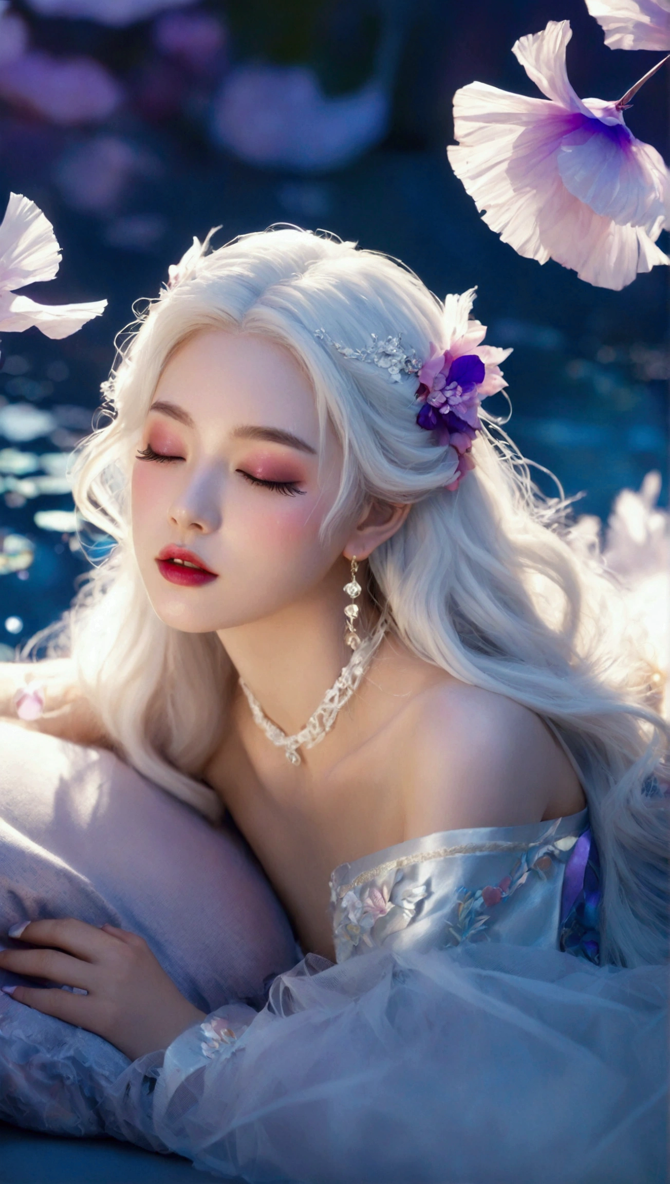 Masterpiece,Dazzling multicolored light,ultra detailed,A girl.,In the flowers,**** a sleeping princess,Earrings,White feather tulle,Long white eyelashes,Extra-long hair is slightly curly,White hair,(Hair takes up the entire frame),a charming face,Glowing lips,clavicle,Shoulder exposure,Floating petals,Dreamy and beautiful,The characters are thick and painted.,Fine strokes,Wallpaper,The background is graded with white and purple,anime aesthetic,Poolcoreanime beauty,Hyperrealism,sparkle,textured skin,super detail,best quality,8k, ,