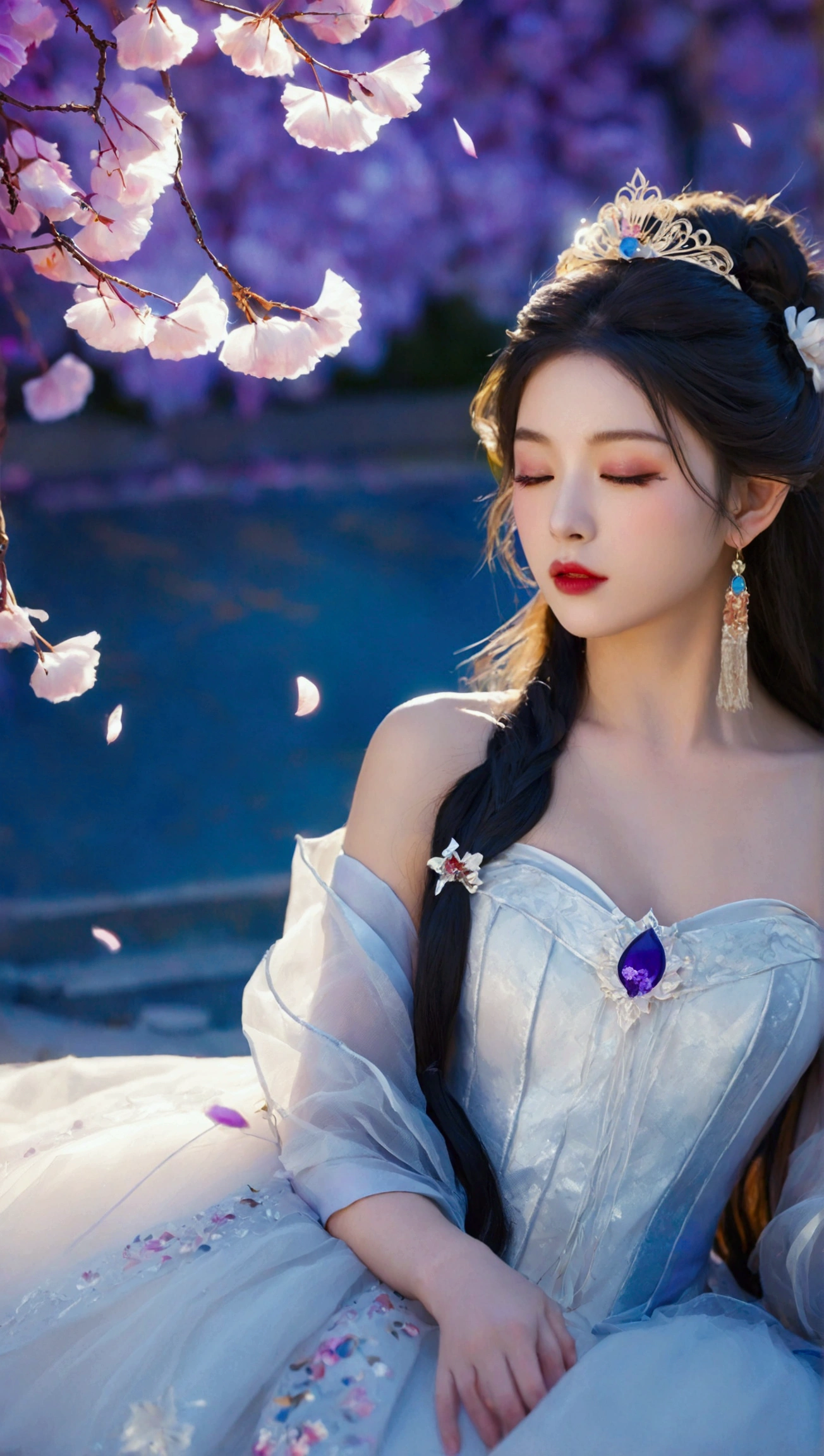 Masterpiece，Dazzling multicolored light，ultra detailed，A girl.，In the flowers，**** a sleeping princess，Earrings，White feather tulle，Long white eyelashes，Extra-long hair is slightly curly，White hair，(Hair takes up the entire frame)，a charming face，Glowing lips，clavicle，Shoulder exposure，Floating petals，Dreamy and beautiful，The characters are thick and painted.，Fine strokes，Wallpaper，The background is graded with white and purple，anime aesthetic，Poolcoreanime beauty，Hyperrealism，sparkle，textured skin，super detail，best quality，8k， ,