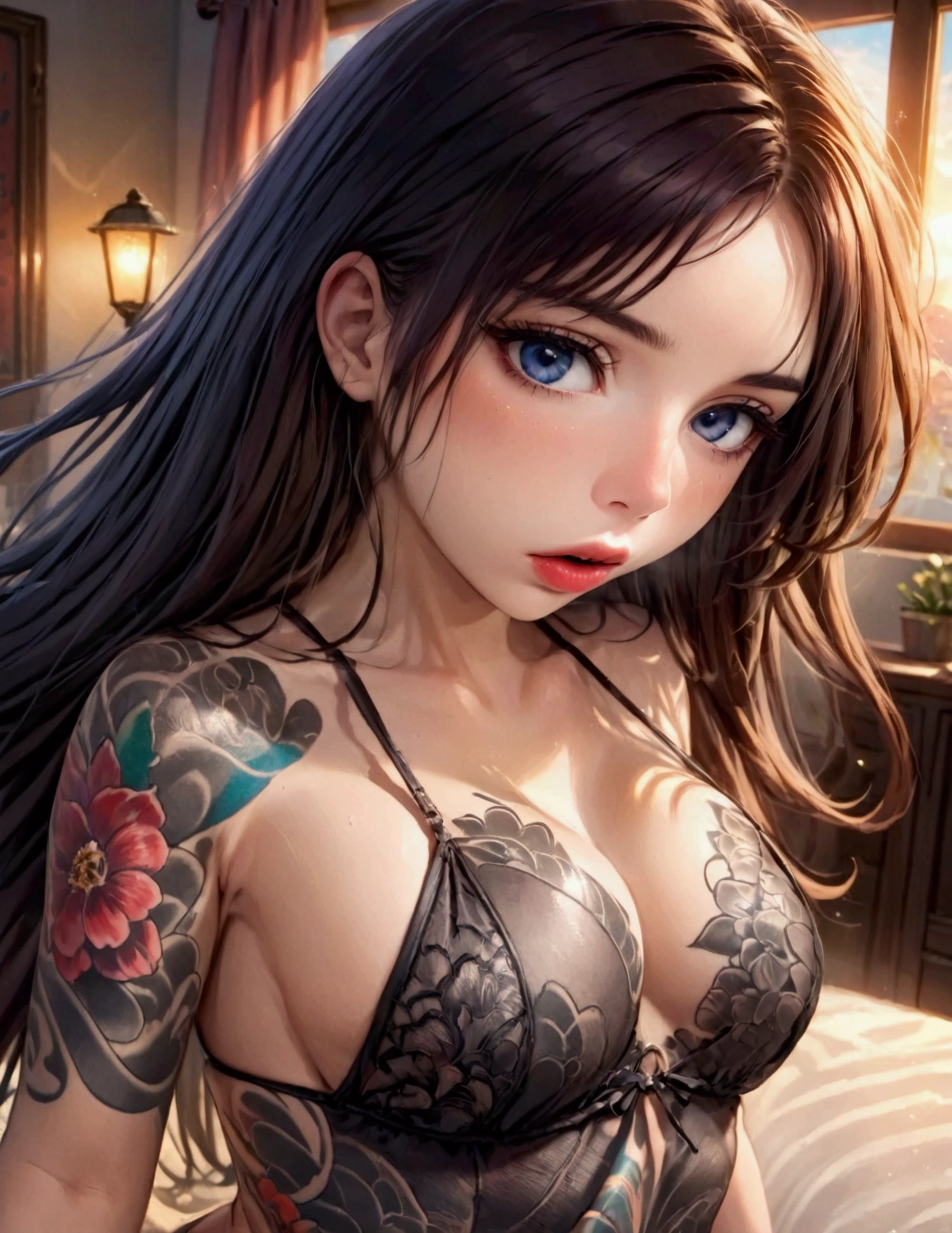 A cute woman, beautiful detailed eyes, beautiful detailed lips, extremely detailed face, long eyelashes, sexy small outfit, tattoos, rock music video, pouting, sexy pose, bedroom, fan, strong wind, blowing hair, high quality, 4k, 8k, high resolution, masterpiece, ultra-detailed, realistic, photorealistic, photo-realistic, HDR, UHD, studio lighting, ultra-fine painting, sharp focus, physically-based rendering, extreme detail description, professional, vivid colors, bokeh