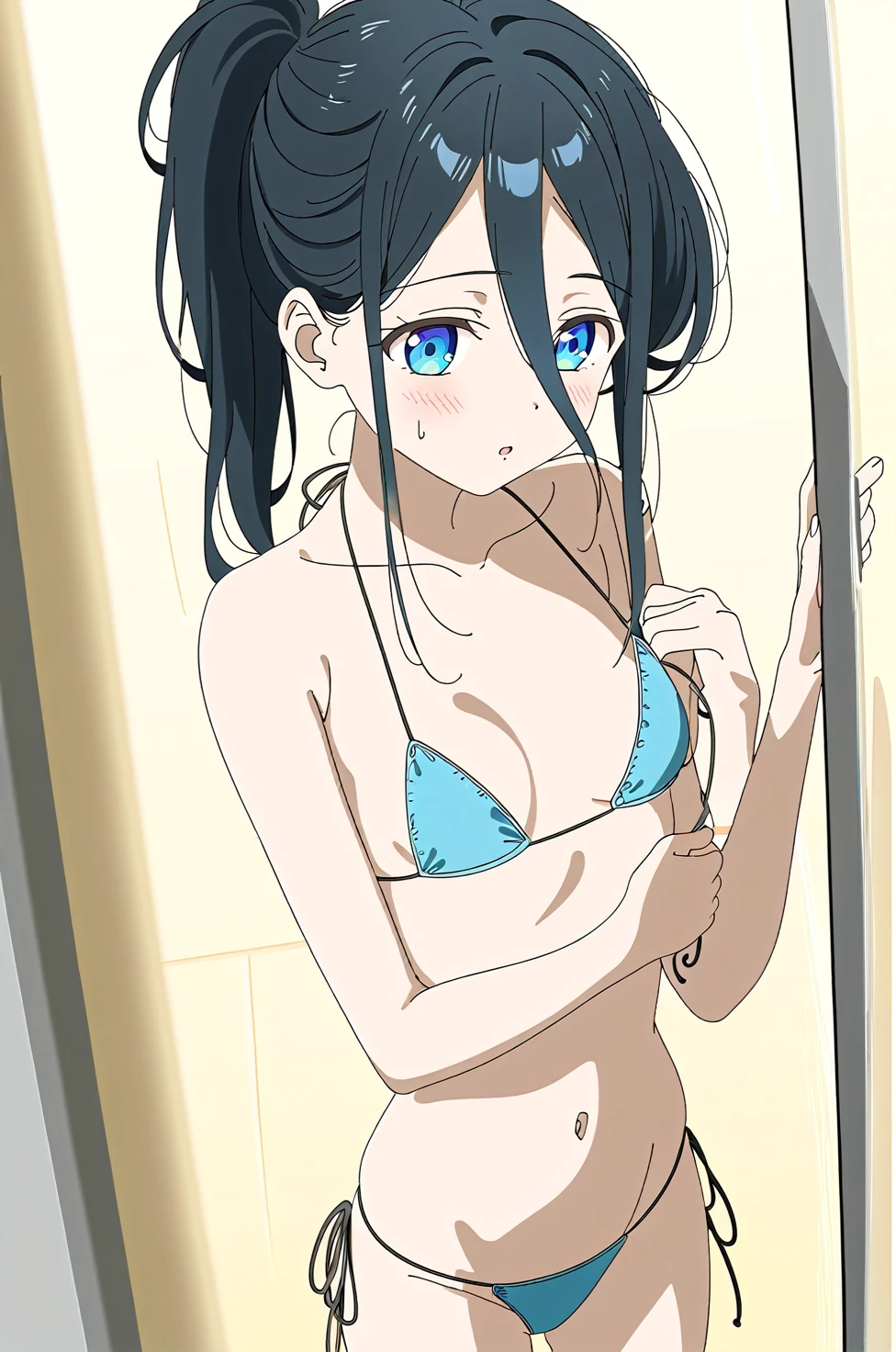 best quality, amazing quality, very aesthetic, (ultra-detailed), (1girl, aris, blue archive, solo, blue eyes), (realistic face:0.9),(string bikini:1.8), (glare, blush, thigh:1.3), (cowboy shot), (glowing eyes), (half closed eyes:0.9), (nipple), (official art:1.3), (pool), expressive eyes, perfect face, extremely detailed eyes, perfect anatomy, smooth skin, (shower room background:1.5), clear eyes, beautiful face, small breasts, (anime style:1.7), (Warm Light:1.5), (highres:2), (Chiaroscuro),