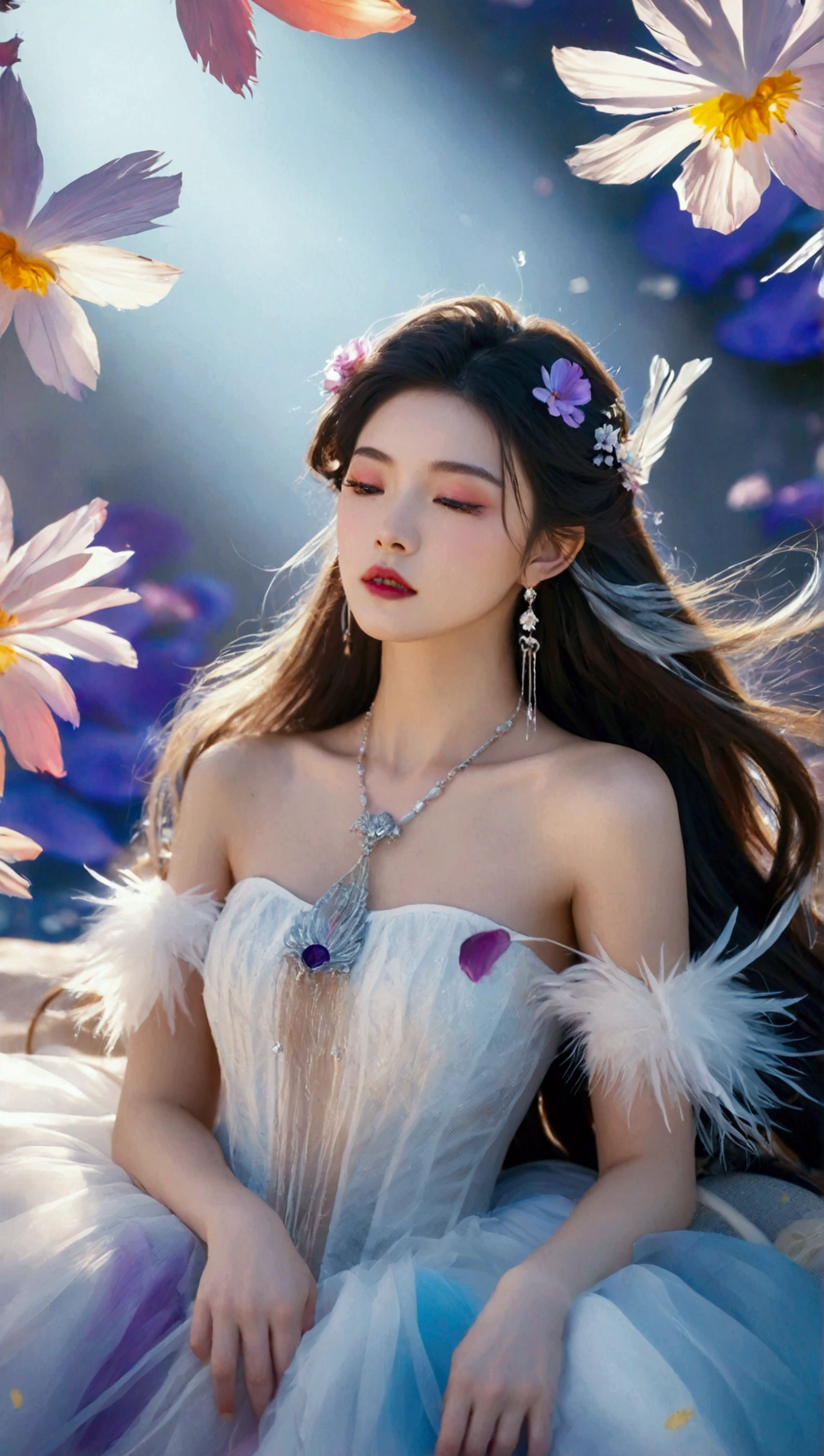 Masterpiece,Dazzling multicolored light,ultra detailed,A girl.,In the flowers,**** a sleeping princess,Earrings,White feather tulle,Long white eyelashes,Extra-long hair is slightly curly,White hair,(Hair takes up the entire frame),a charming face,Glowing lips,clavicle,Shoulder exposure,Floating petals,Dreamy and beautiful,The characters are thick and painted.,Fine strokes,Wallpaper,The background is graded with white and purple,anime aesthetic,Poolcoreanime beauty,Hyperrealism,sparkle,textured skin,super detail,best quality,8k, ,