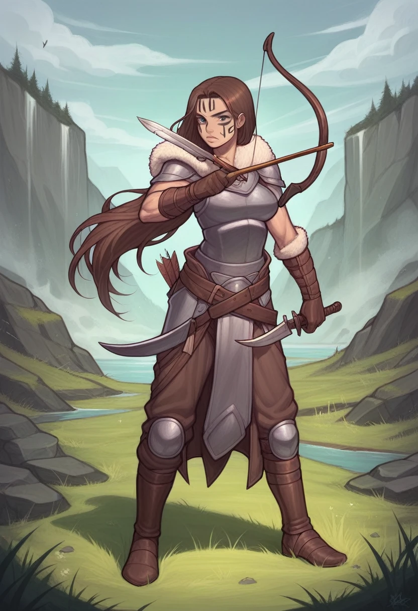 _asura style, 1girl, weapon, bow_(weapon), solo, quiver, arrow_(projectile), outdoors, armor, holding, facepaint, long_hair, brown_hair, gloves, holding_weapon, breasts, sword, sheath, nature, grass, sheathed, water, belt, holding_bow_(weapon), fur_trim, realistic, knife