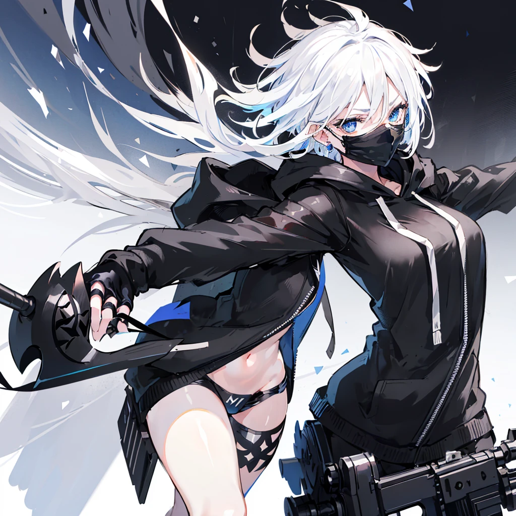 (((((Black Mask　gun)))))　((((Black hoodie　woman))))　(((blue eyes　White Hair　Short Hair)))　((Shiny earrings black ribbon　Catch the wind))　White background　Shining Edge　Shining Background