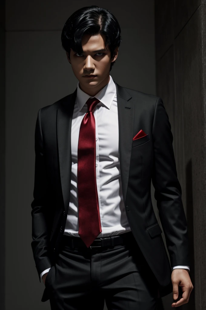 Demon boy with black suit, red eyes, black hair, whole body 