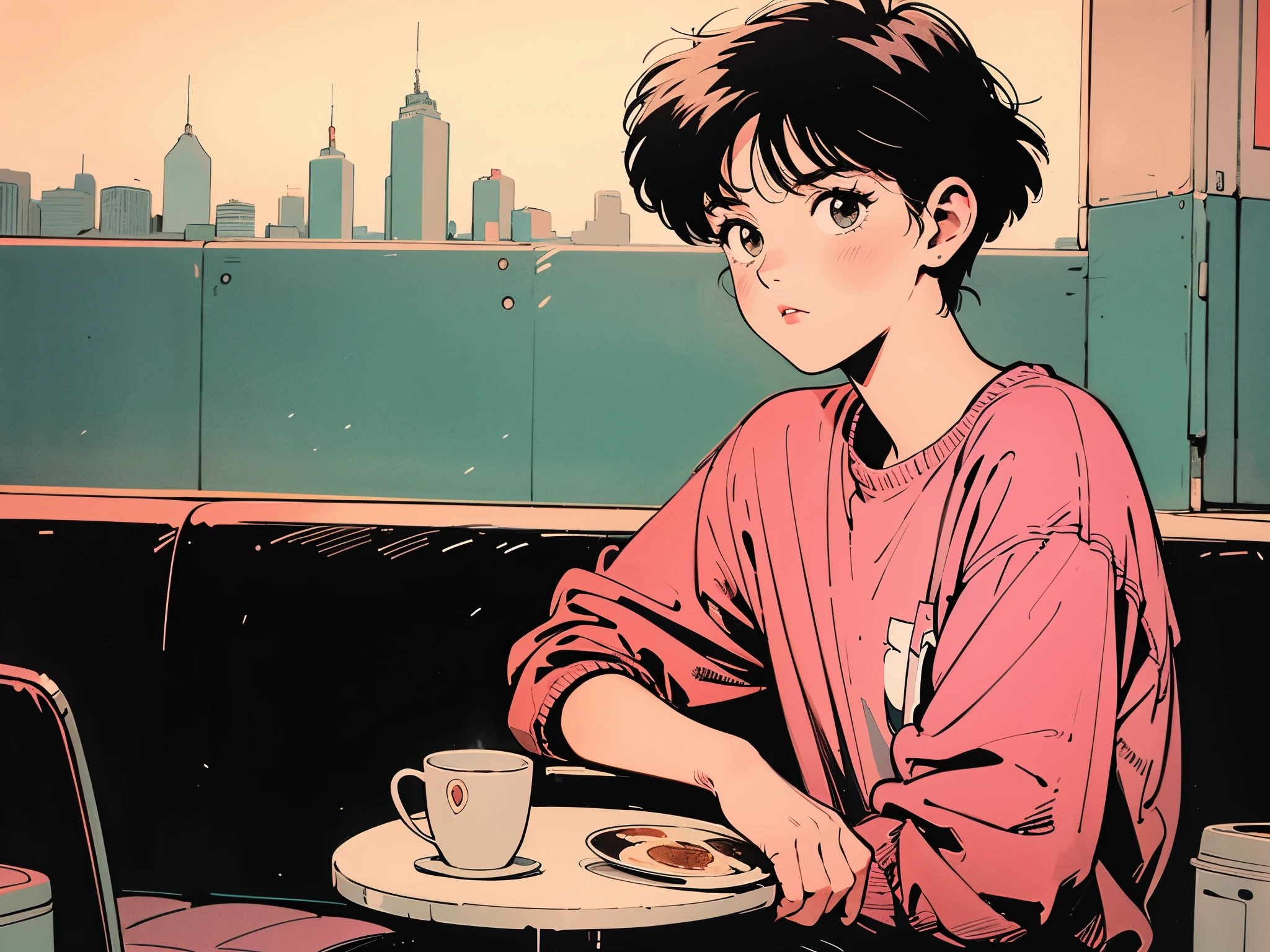 Highest quality,wallpaper,masterpiece,Super detailed,8K,wallpaper,Retro,(One female:1.5),Woman with short hair,Cafe,Meeting someone,(He looks bored.),City Pop,Urban Pop,Retroなレコードジャケットのイラスト