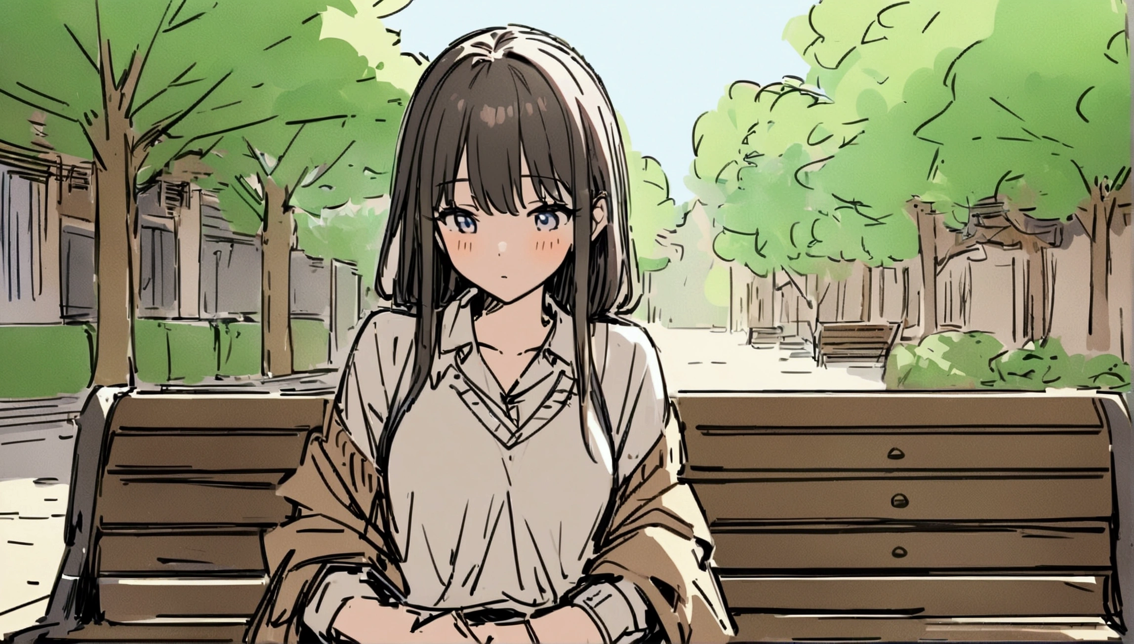 masterpiece,最high quality,Super detailed,High resolution backgrounds,8K,High Resolution,high quality,break,high school student,Man and woman couple,romantic,Park bench,Japanese manga style, sketch, Colored pencil
