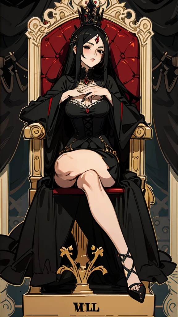 A beautiful mature milf woman with long black hair and black eyes wearing a gothic outfit and sitting on a throne with a seductive simrk on her lips