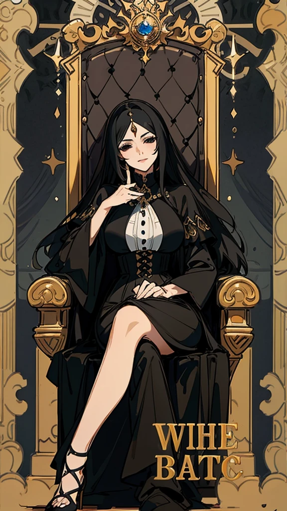 A beautiful mature milf woman with long black hair and black eyes wearing a gothic outfit and sitting on a throne with a seductive simrk on her lips