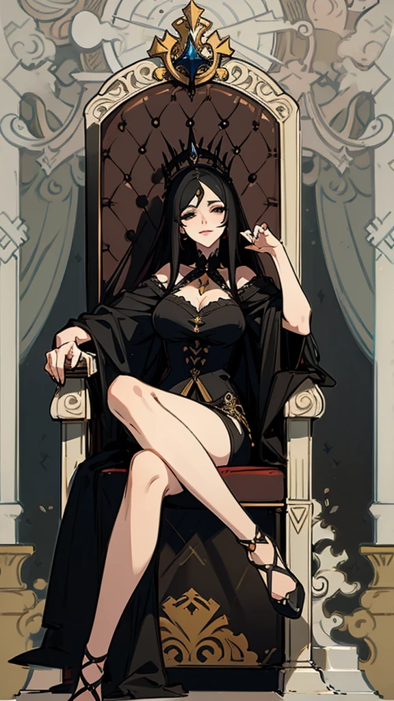 A beautiful mature milf woman with long black hair and black eyes wearing a gothic outfit and sitting on a throne with a seductive simrk on her lips