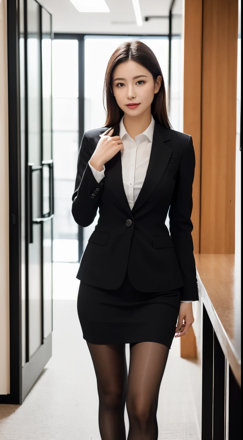 An elegant, upper-class, elite secretary in a business shirt, Working in the office、厳格なbusiness suitを着ている, Ultra-realistic pantyhose、Wear high-end high heels、 Girl in a shirt, business suitを着ている, business suitを着ている, business suitを着て, Businesswoman, Business Attire, 黒のbusiness suitを着ている, Wear a shirt and skirt, business suitを着た女性, business suit, business attire, RAW Photos, (8K、Highest quality、masterpiece:1.2)、(Intricate details:1.4)、(Photorealistic:1.4)、Octane Rendering、Complex 3D rendering with ultra-detail, Sharp focus、Vivid lighting、Vivid details, Super Detail, Realistic skin texture, Detailed aspect, Beautiful details in the eyes, Highly detailed CG Unity 16k wallpaper, compensate, (Detailed Background:1.2), Exposed thighs!!!,