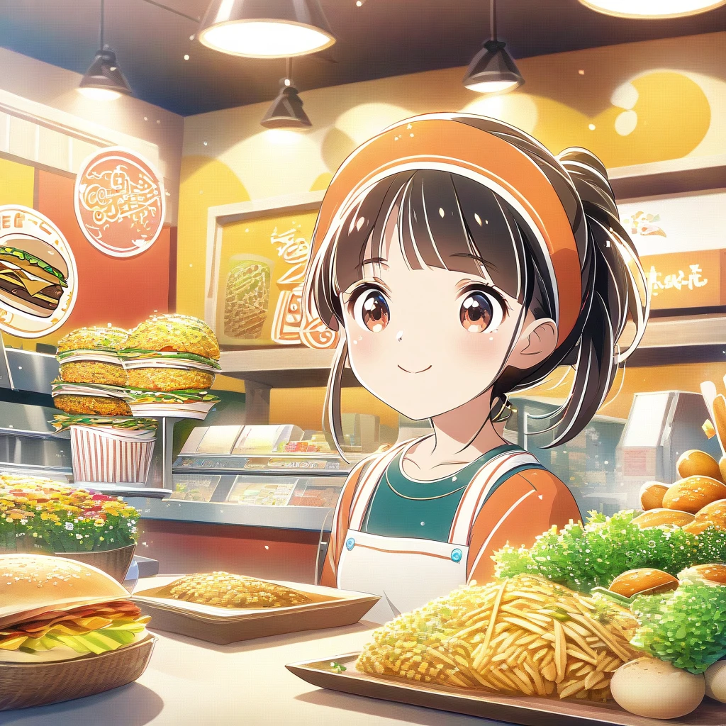 Beautiful close-up, Lovely, Hardworking and lively fast food restaurant clerk.Beautiful and textured foreground and background，detailed, bright, Animation style HD high quality presentation,（（（Romantic atmosphere）））（（（fairy tale elements）））（（（masterpiece）））， （（best quality））