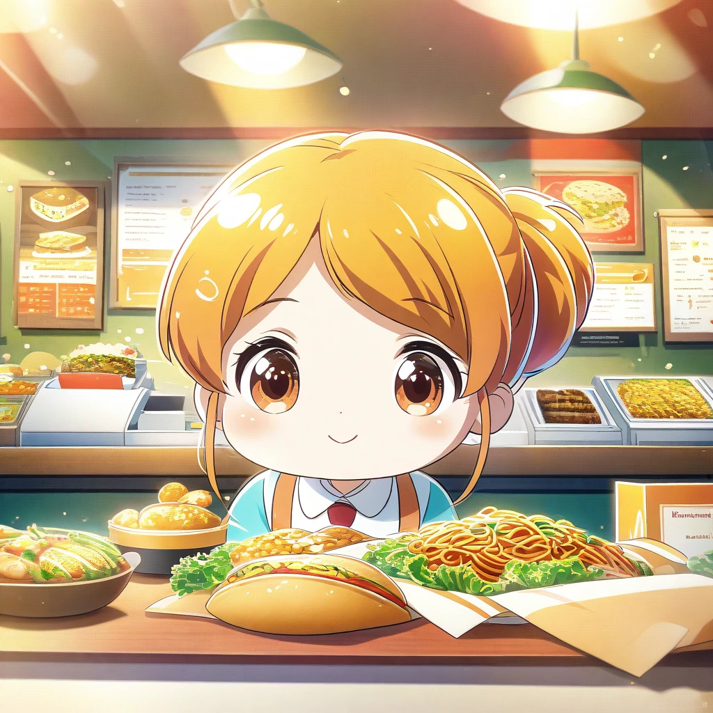Beautiful close-up, Lovely, Hardworking and lively fast food restaurant clerk.Beautiful and textured foreground and background，detailed, bright, Animation style HD high quality presentation,（（（Romantic atmosphere）））（（（fairy tale elements）））（（（masterpiece）））， （（best quality））
