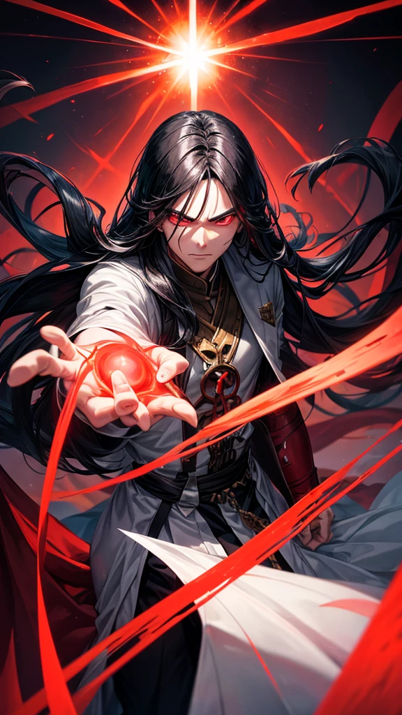 A young man with long black hair clenched a fist in one hand、A red aura emanates from the whole body.、Glaring with hostile eyes