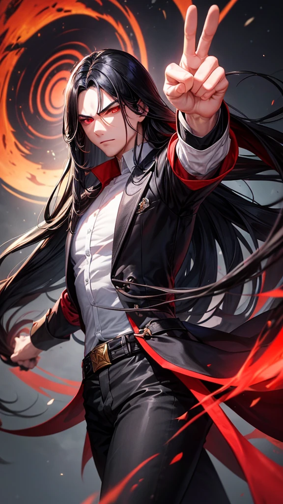 A young man with long black hair clenched a fist in one hand、A red aura emanates from the whole body.、Glaring with hostile eyes