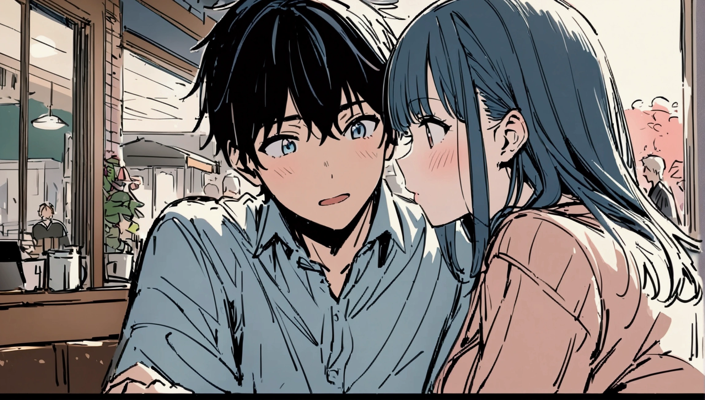 masterpiece,最high quality,Super detailed,High resolution backgrounds,8K,High Resolution,high quality,break,high school student,Man and woman couple,romantic,Cafe,Japanese manga style, sketch, Colored pencil