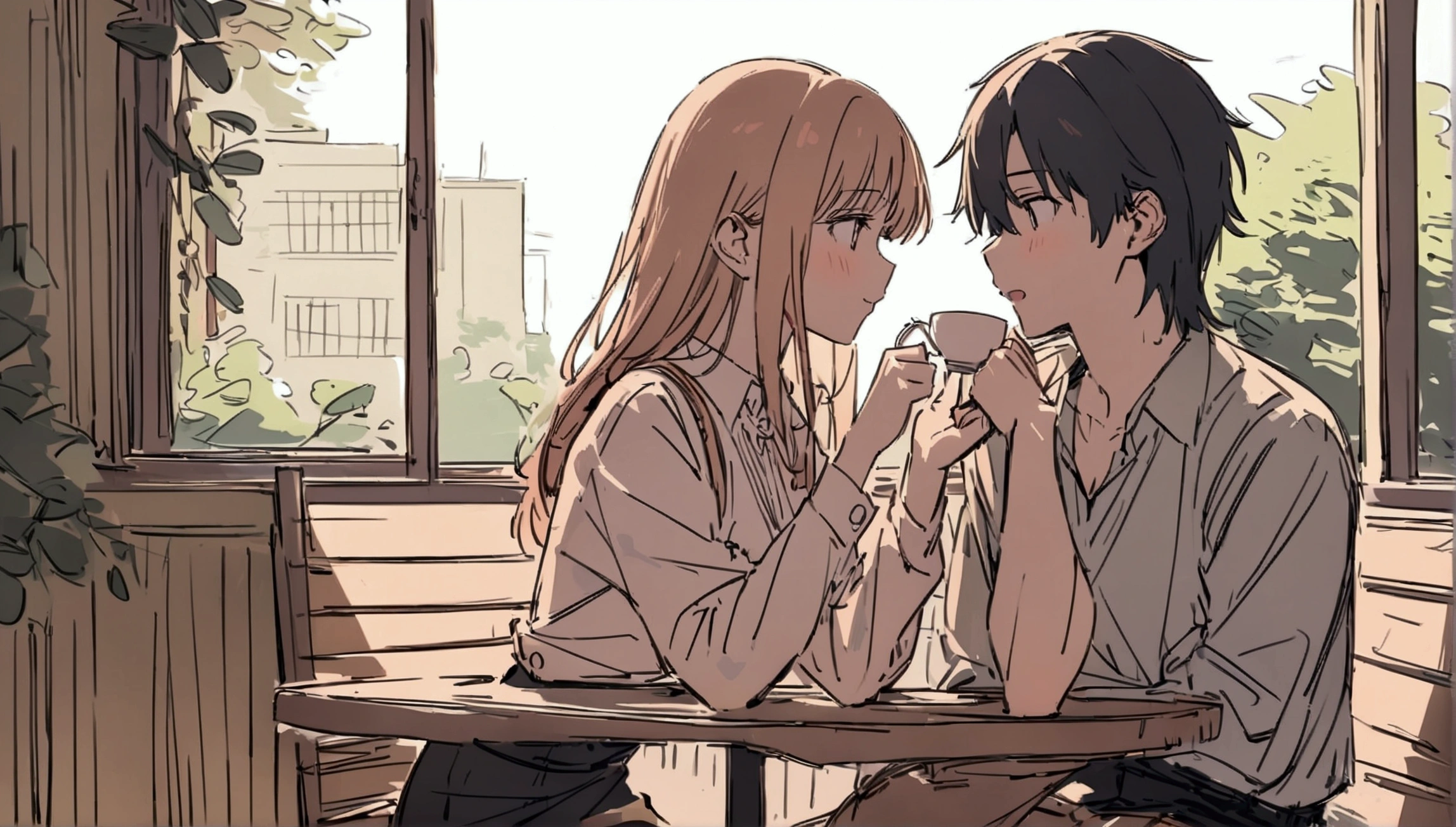 masterpiece,最high quality,Super detailed,High resolution backgrounds,8K,High Resolution,high quality,break,high school student,Man and woman couple,romantic,Cafe,Japanese manga style, sketch, Colored pencil