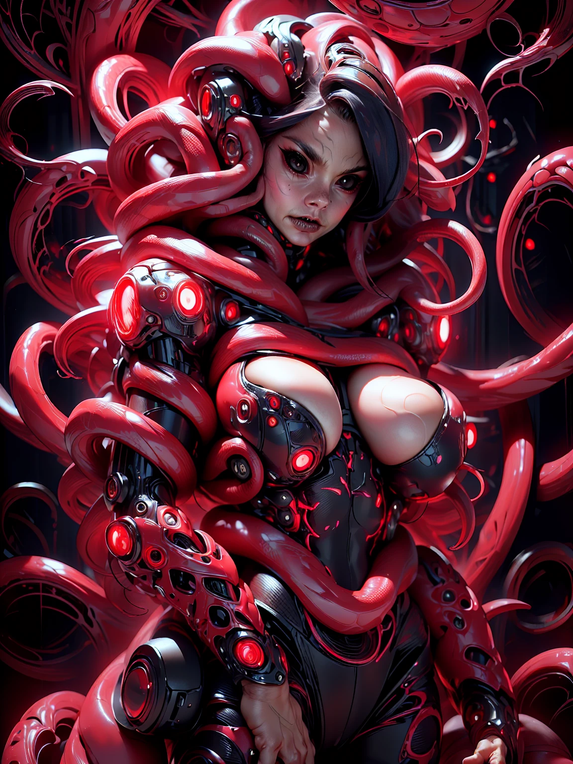 (beautiful girl:1.25), (megan fox:1.25), (young bodybuilder girl wearing cybernetic muscle suit:1.25), (medusa head with tentacles:1.25), carnage muscular physique, seductive face, mouth wide open carnage style, long red hair, perfect muscular body, super skinny legs, sissy, femboy, (carnage style physique), (large veiny breasts:1.25)