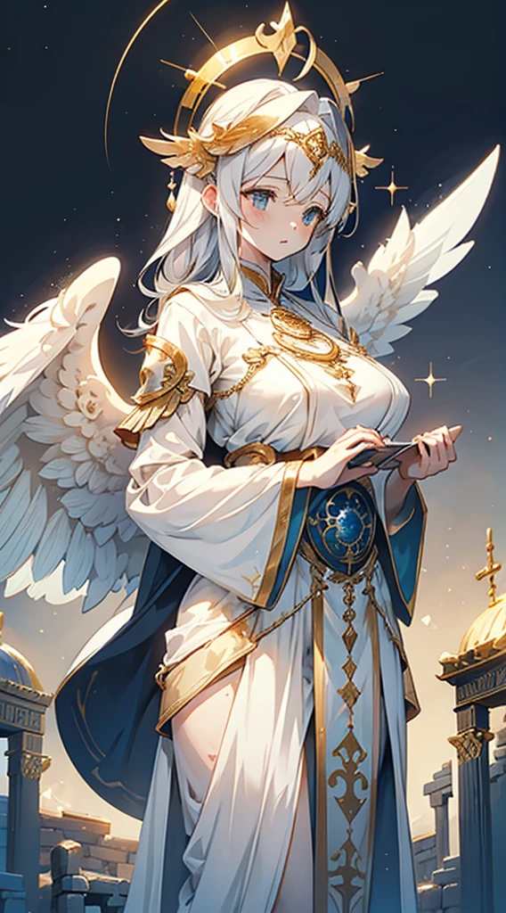 goddess，Fantasy style，Magic Style，Greek style，White gold color scheme，White and gold，goddess，Halo，Divinity，wing，wing，wing，wing，wing，Big breasts大屁股，Big breasts，Full figure，Royal sister，graceful，Noble temperament，robe，高开叉robe，Golden runes，Kingdom of Heaven background，Ancient Greek temple background，Close-up above the waist，Upper body close-up，Western style，Western style clothing，古希腊robe，Gods，Divinity，goddess