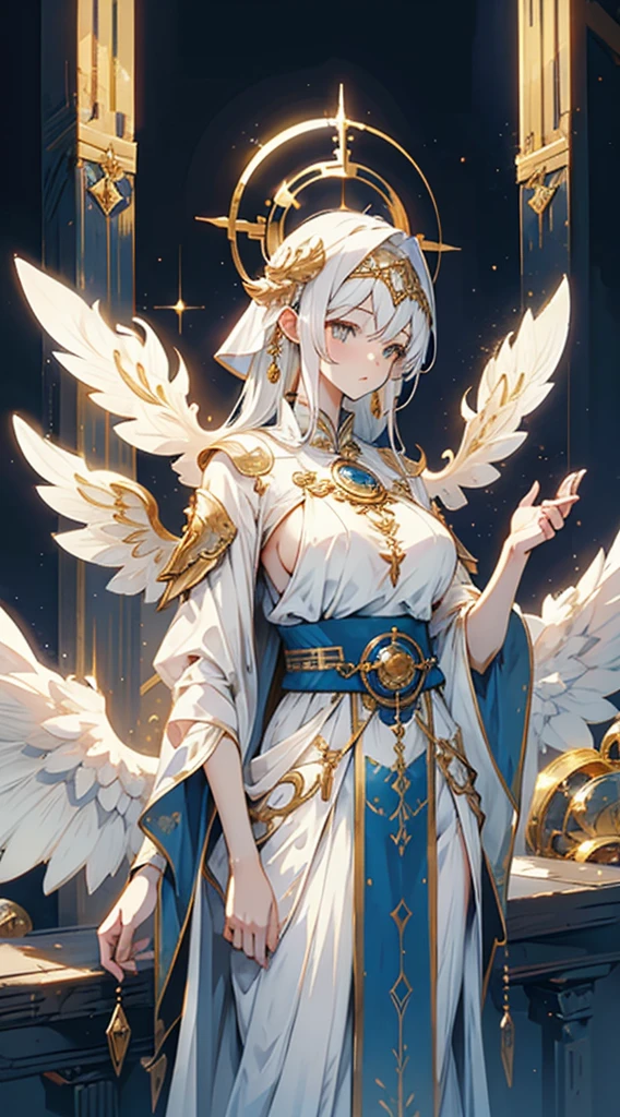 goddess，Fantasy style，Magic Style，Greek style，White gold color scheme，White and gold，goddess，Halo，Divinity，wing，wing，wing，wing，wing，Big breasts大屁股，Big breasts，Full figure，Royal sister，graceful，Noble temperament，robe，高开叉robe，Golden runes，Kingdom of Heaven background，Ancient Greek temple background，Close-up above the waist，Upper body close-up，Western style，Western style clothing，古希腊robe，Gods，Divinity，goddess