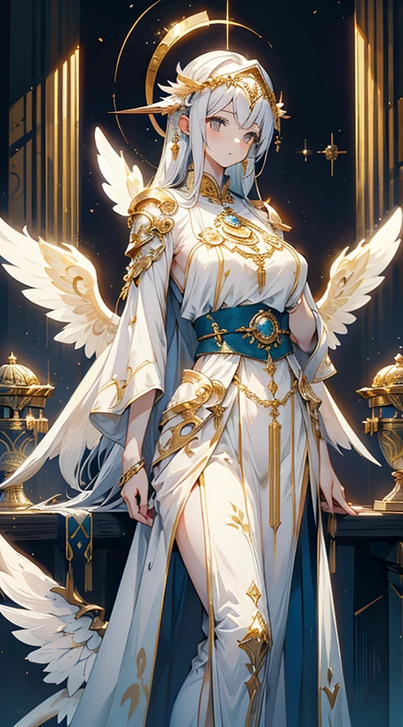 goddess，Fantasy style，Magic Style，Greek style，White gold color scheme，White and gold，goddess，Halo，Divinity，wing，wing，wing，wing，wing，Big breasts大屁股，Big breasts，Full figure，Royal sister，graceful，Noble temperament，robe，高开叉robe，Golden runes，Kingdom of Heaven background，Ancient Greek temple background，Close-up above the waist，Upper body close-up，Western style，Western style clothing，古希腊robe，Gods，Divinity，goddess