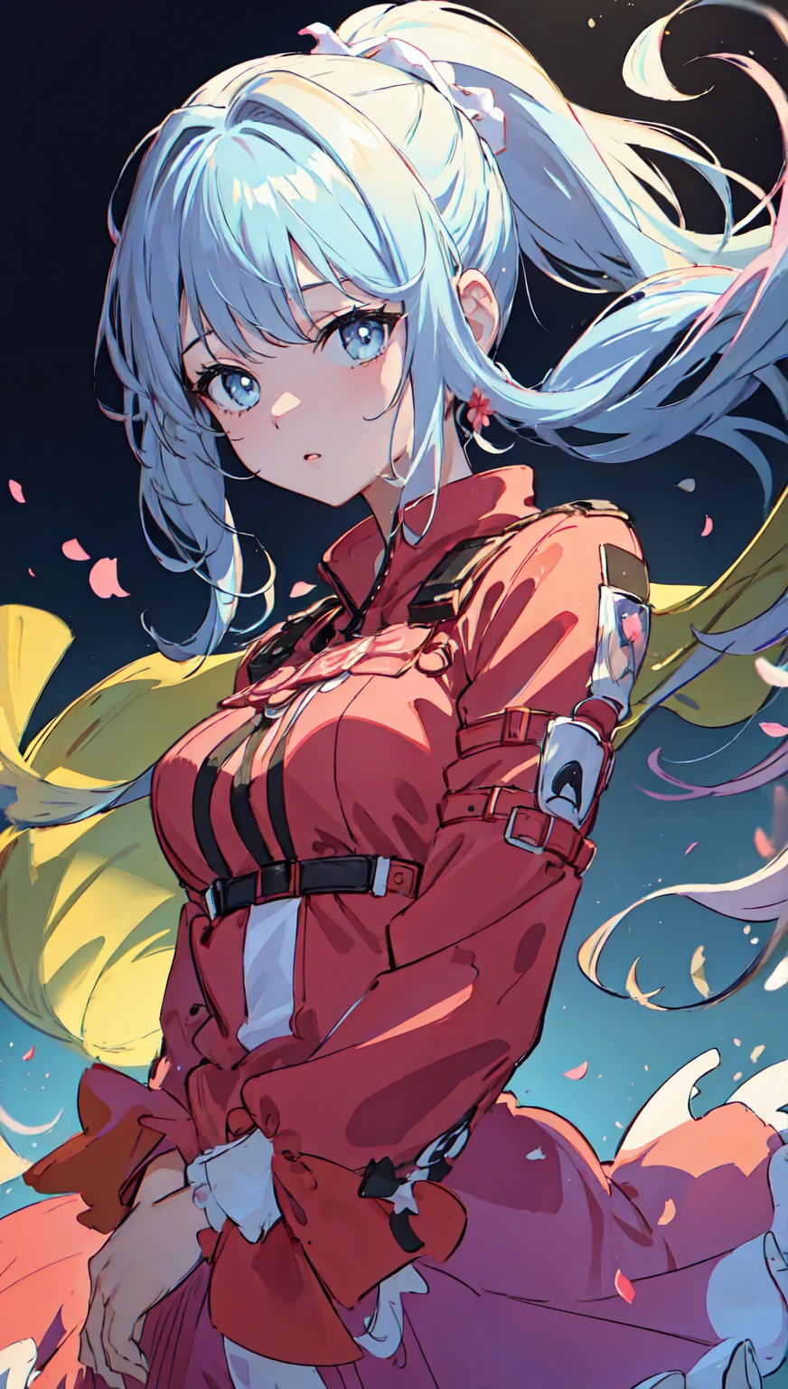 (masterpiece), (best quality), (ultra detailed),(disheveled hair),(illustration), (1girl), (Fashionable clothing), standing, Fashion model, looking at viewer, (interview), (simple background),beautiful detailed eyes, delicate beautiful face, Floating,(high saturation),(colorful splashes),colorful bubble,(shining), focus on face, ponytail, kamisato ayaka, light blue hair, bangs, hair ring, floating flowers, floating hairs, (shining), best lighting, best shadow,
