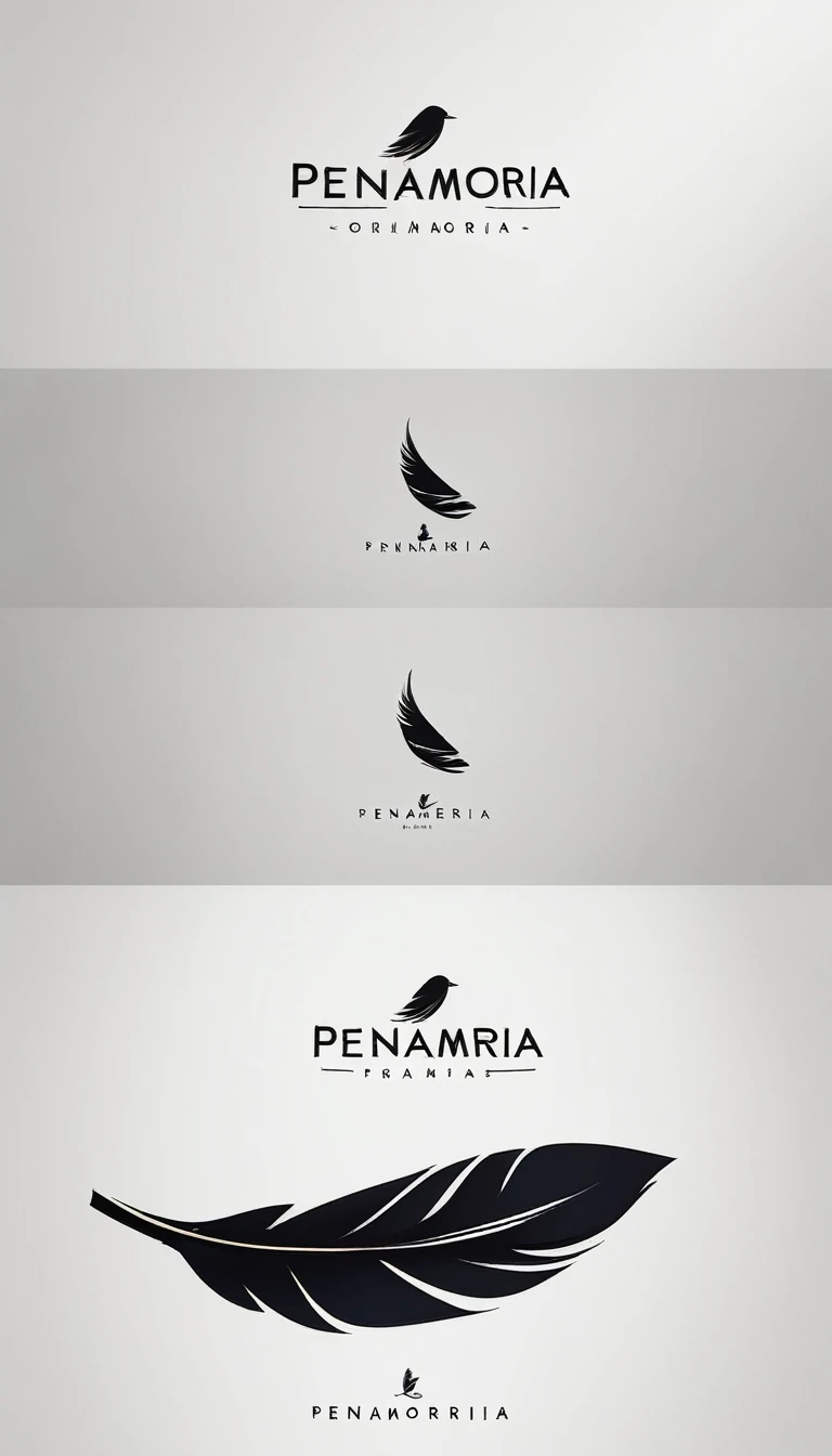 A minimal, modern, simple, cinematic logo design for the brand “Penamemoria". Create a modern, minimalistic, high-quality, logo of a bird feather