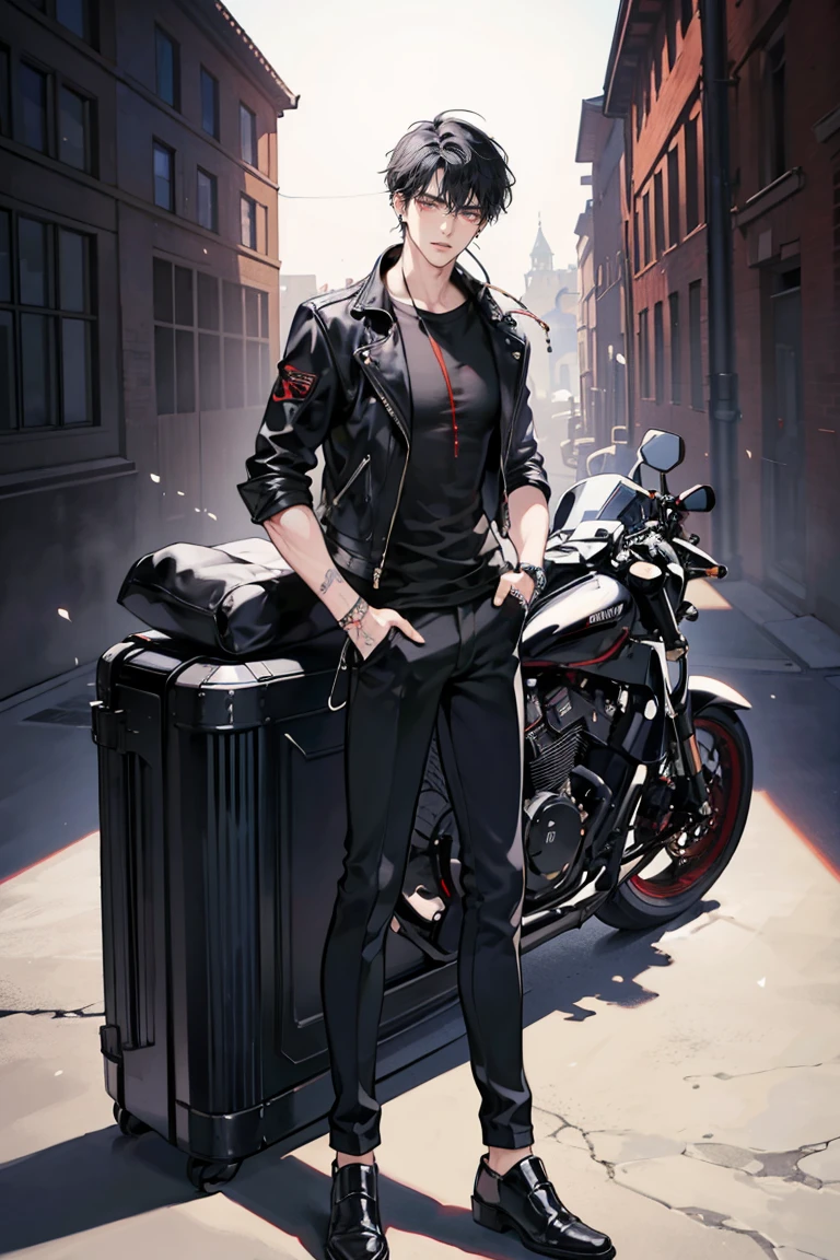 (masterpiece), best quality, seductive eyes, perfect face, handsome man, red eyes, short messy black hair, long nose, plain black t-shirt, black fitted pants, black leather jacket, full body, extremely tall man, long legs, long calves, anime cover, 1boy, ear piercings, hands in pockets, adult-like look