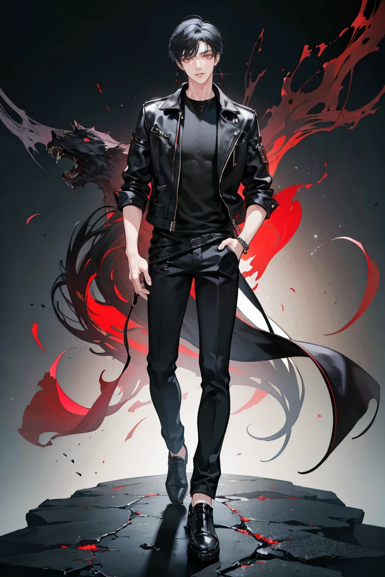 (masterpiece), best quality, seductive eyes, perfect face, handsome man, red eyes, short messy black hair, long nose, plain black t-shirt, black fitted pants, black leather jacket, full body, extremely tall man, long legs, long calves, anime cover, 1boy, ear piercings, hands in pockets, adult-like look
