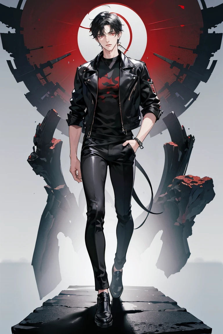 (masterpiece), best quality, seductive eyes, perfect face, handsome man, red eyes, short messy black hair, long nose, plain black t-shirt, black fitted pants, black leather jacket, full body, extremely tall man, long legs, long calves, anime cover, 1boy, ear piercings, hands in pockets, adult-like look
