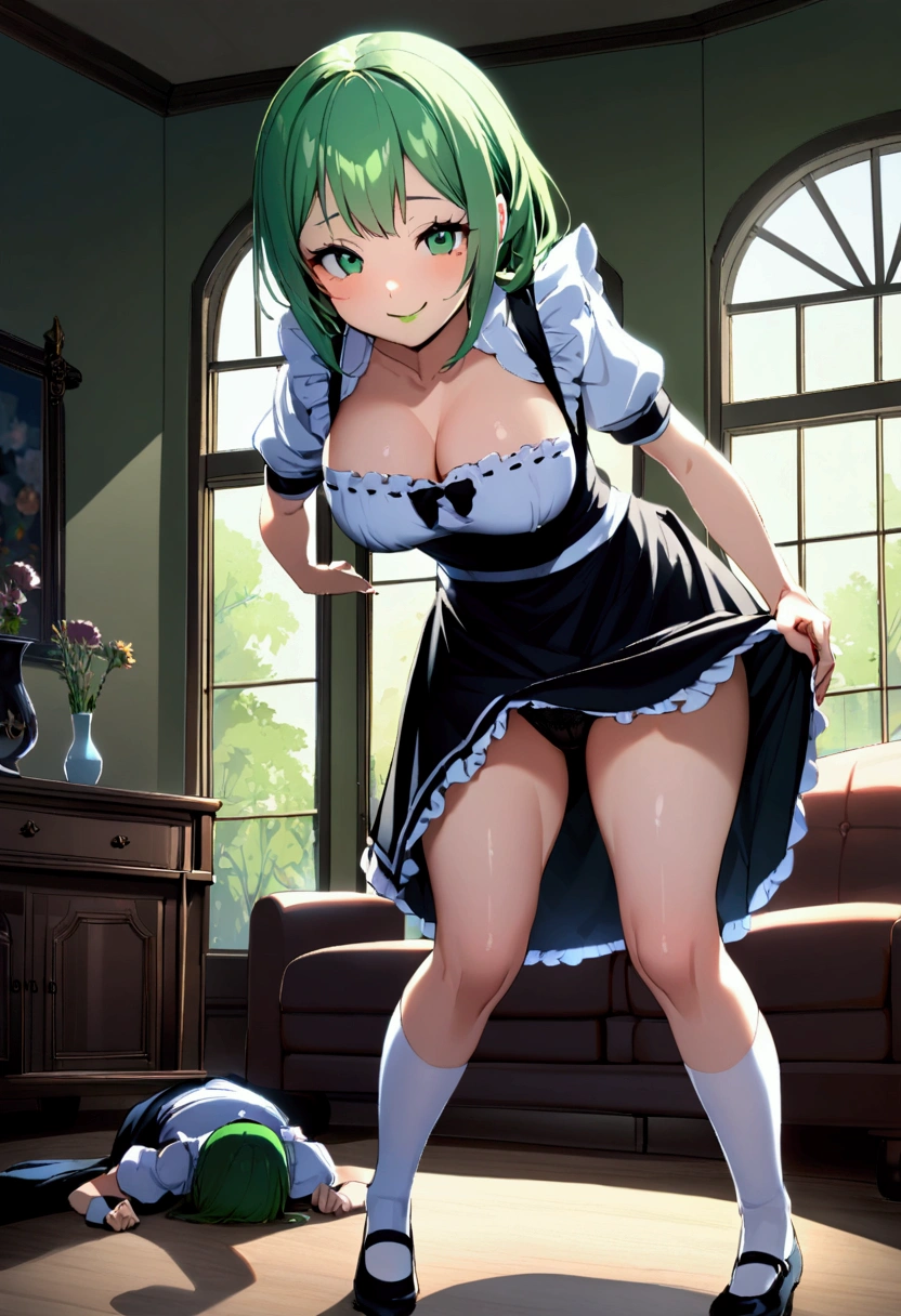 1girl with short green hair, green eyes, green lips, maid uniform, decolletage, smiling, rich living room, indoors, young face, lusty smile, big breasts, getting up skirt, showing panties, standing, black panties.