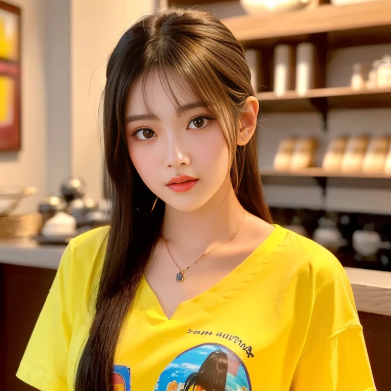 Araffe girl in yellow shirt, Lalisa Manoban, Tzuyu from two times, Korean girl, cgstation, Headshot profile picture, Thai girl anime, Haraf woman looking at camera, Southeast Asian women with round faces, looking at viewer, Has very long black hair., My hair is very long.,Big eyes,Double eyelids, black eyes, Chest circumference measures 38 inches., The chest is round and shiny., abdominal muscles, perfect body, Wear a dark round neck t-shirt., Bright colors, expensive silk, outdoor, Warm light, The morning sun shines beautifully., (digital painting, HDR, high contrast), straight face, face focus), (Highest quality:1.4, 3D 8K, 45,000,000,000,pixels,),(Masterpiece:1.3),(sharp focus:1.2),glowing face, (Red cheeks:1.4), ยืนเดินoutdoor, The evening sun shines beautifully and realistically.,